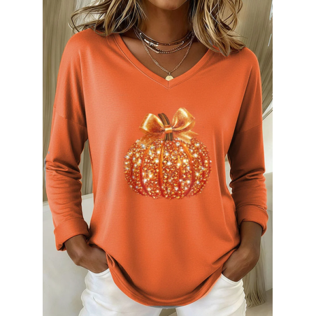 Women Halloween (pumpkin) Long Sleeve Tee T-shirt V Neck Printing Casual Spring/Fall Graphic Tee Top