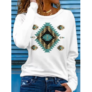 Women Ethnic Long Sleeve Tee T-shirt Crew Neck Printing Casual Spring/Fall Graphic Tee Top