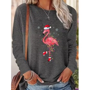 Women Flamingo Long Sleeve Tee T-shirt Crew Neck Printing Casual Spring/Fall Graphic Tee Top