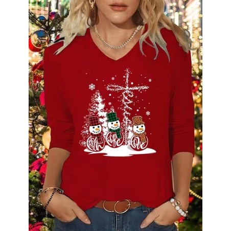 Women Christmas Snowman Long Sleeve Tee T-shirt V Neck Printing Casual Spring/Fall Graphic Tee Top