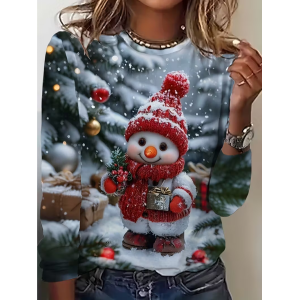 Women Christmas Snowman Long Sleeve Tee T-shirt Crew Neck Printing Casual Spring/Fall Graphic Tee Top