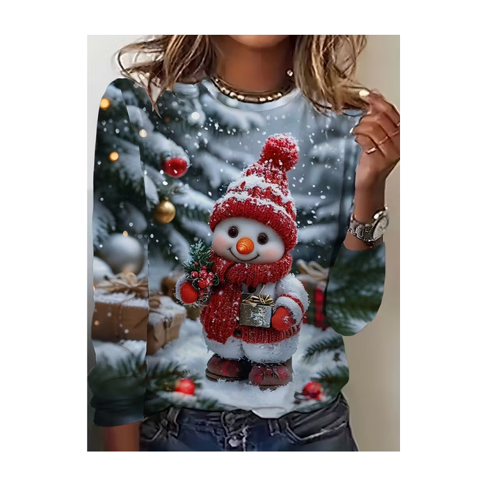 Women Christmas Snowman Long Sleeve Tee T-shirt Crew Neck Printing Casual Spring/Fall Graphic Tee Top