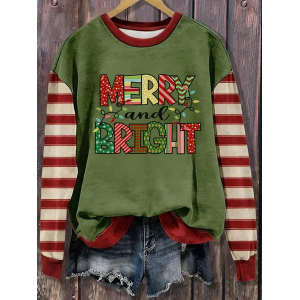 Women Striped Crew Neck Printing Casual Spring/Fall Long Sleeve Sweatshirt