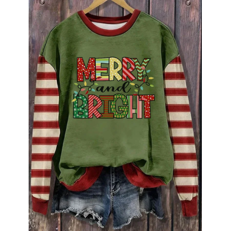 Women Striped Crew Neck Printing Casual Spring/Fall Long Sleeve Sweatshirt