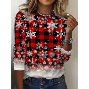 Women Plaid Long Sleeve Tee T-shirt Crew Neck Printing Casual Spring/Fall Graphic Tee Top