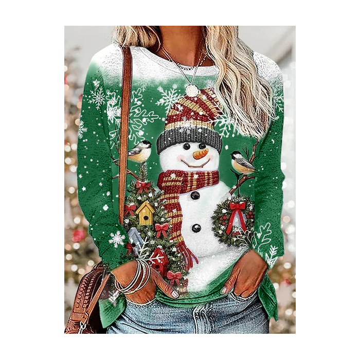 Women Christmas Snowman Long Sleeve Tee T-shirt Crew Neck Printing Casual Spring/Fall Graphic Tee Top