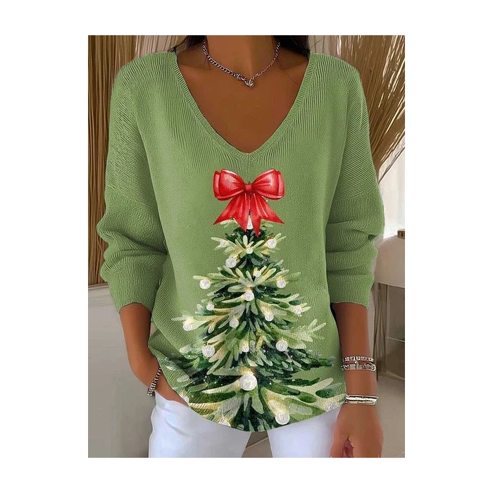 Women Christmas Long Sleeve Tee T-shirt V Neck Printing Casual Spring/Fall Top