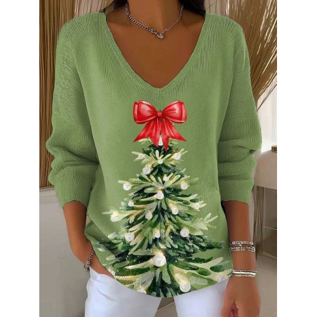 Women Christmas Long Sleeve Tee T-shirt V Neck Printing Casual Spring/Fall Top