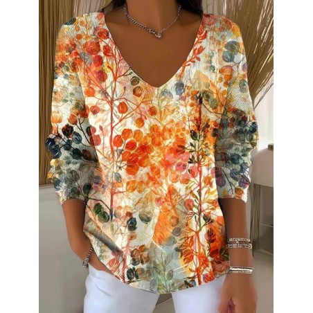 Women Floral Long Sleeve Tee T-shirt V Neck Printing Casual Spring/Fall Top