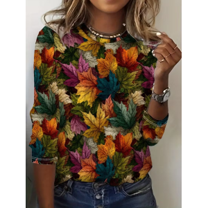 Women Maple Leaf Long Sleeve Tee T-shirt Crew Neck Printing Casual Spring/Fall Graphic Tee Top