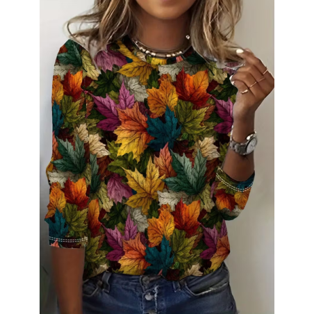 Women Maple Leaf Long Sleeve Tee T-shirt Crew Neck Printing Casual Spring/Fall Graphic Tee Top
