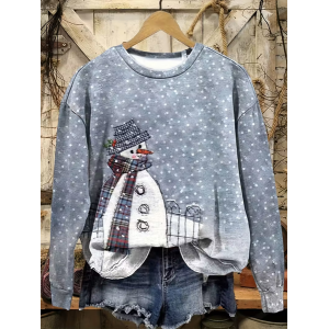 Women Christmas Snowman Crew Neck Printing Casual Spring/Fall Long Sleeve Sweatshirt