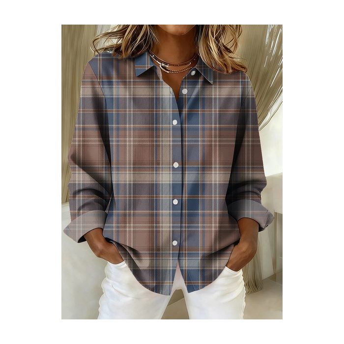 Women Plaid Long Sleeve Shirt Spring/Fall Buckle Shirt Collar Regular Sleeve Daily Casual Top