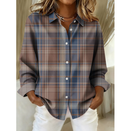 Women Plaid Long Sleeve Shirt Spring/Fall Buckle Shirt Collar Regular Sleeve Daily Casual Top
