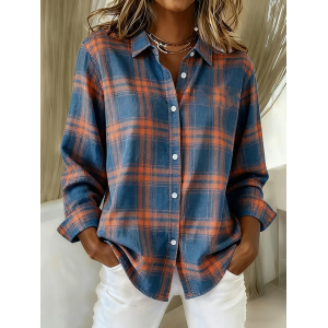 Women Plaid Long Sleeve Shirt Spring/Fall Buckle Shirt Collar Regular Sleeve Daily Casual Top