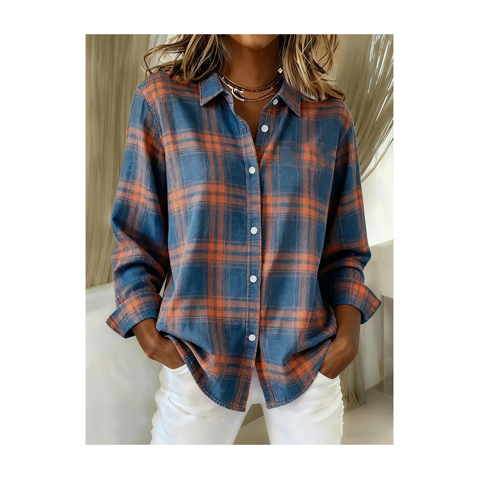 Women Plaid Long Sleeve Shirt Spring/Fall Buckle Shirt Collar Regular Sleeve Daily Casual Top