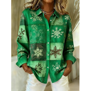 Women Christmas Long Sleeve Shirt Spring/Fall Buckle Shirt Collar Regular Sleeve Daily Casual Top