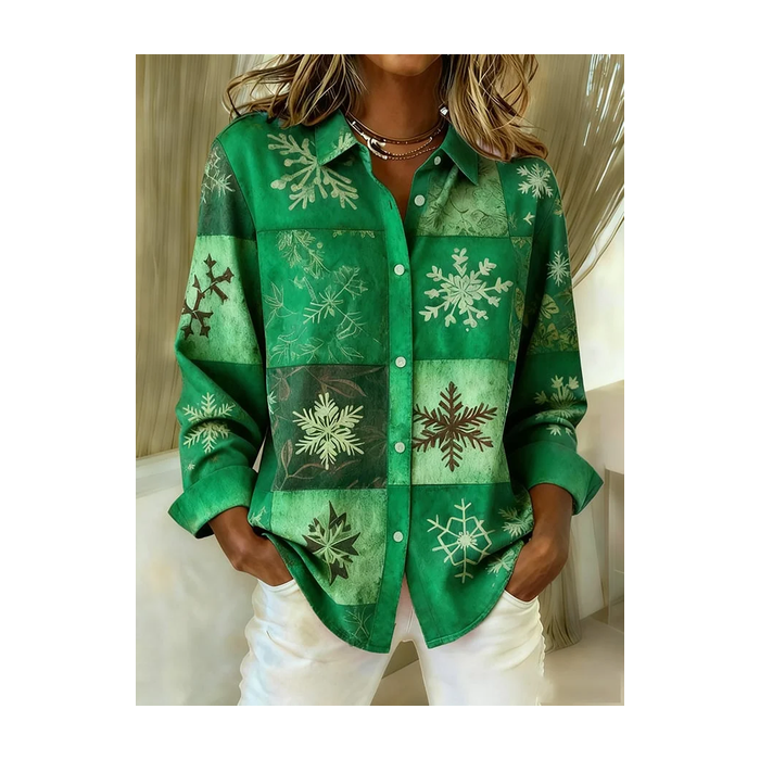 Women Christmas Long Sleeve Shirt Spring/Fall Buckle Shirt Collar Regular Sleeve Daily Casual Top