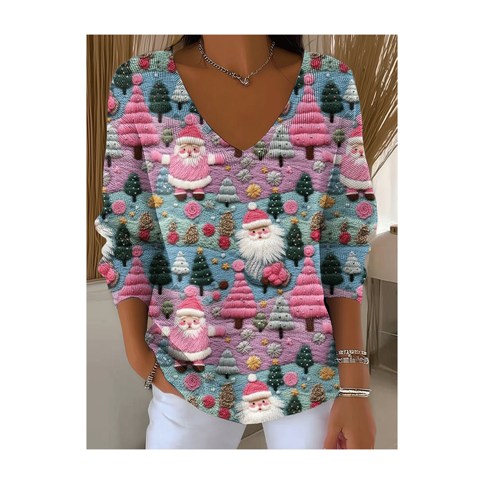 Women Santa Claus Long Sleeve Tee T-shirt V Neck Printing Casual Spring/Fall Top