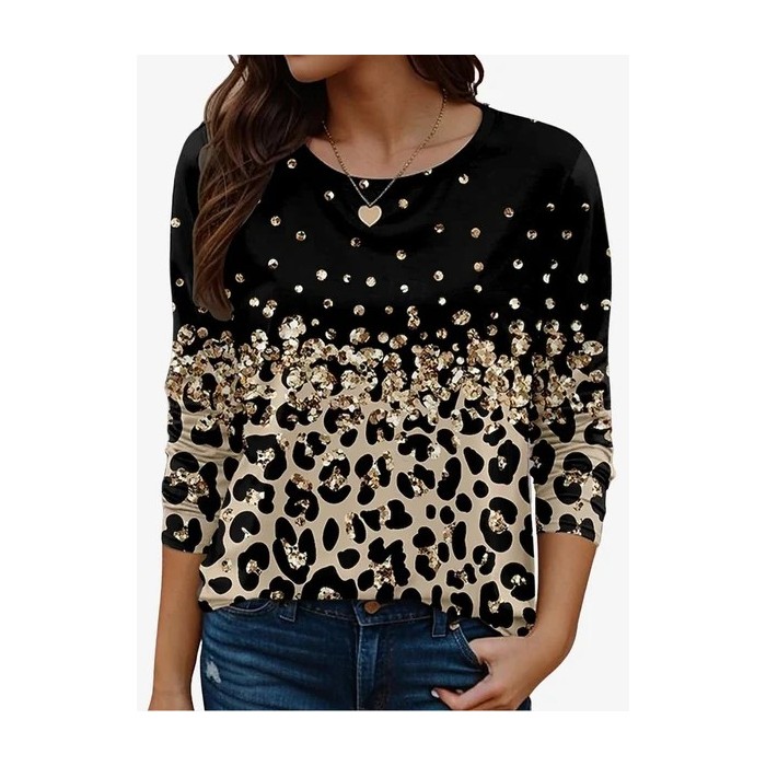 Women's Long Sleeve Tee T-shirt Spring/Fall Leopard Jersey Crew Neck Holiday Going Out Casual Top