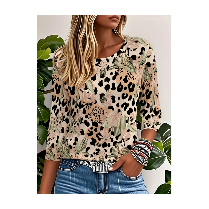 Women Floral Three Quarter Sleeve Tee T-shirt Crew Neck Casual Spring/Fall Graphic Tee Top