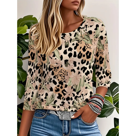 Women Floral Three Quarter Sleeve Tee T-shirt Crew Neck Casual Spring/Fall Graphic Tee Top