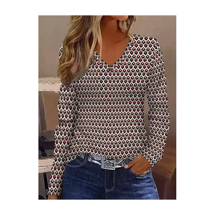 Women Abstract Long Sleeve Tee T-shirt V Neck Printing Casual Spring/Fall Graphic Tee Top