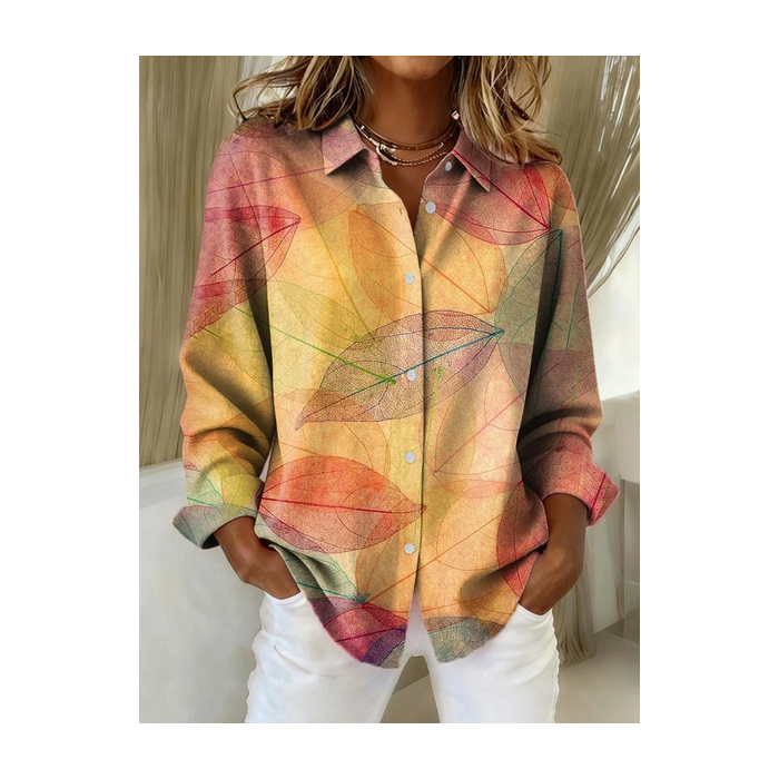 Women Leaf Long Sleeve Shirt Spring/Fall Buckle Shirt Collar Regular Sleeve Daily Casual Top
