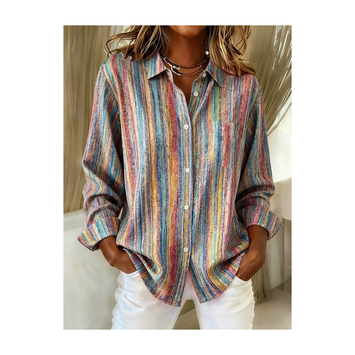 Women Striped Long Sleeve Shirt Spring/Fall Buckle Shirt Collar Regular Sleeve Daily Casual Top
