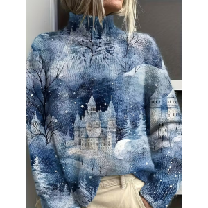 Women Christmas Printing Spring/Fall Vintage Long Sleeve Turtleneck Sweater