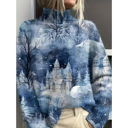 Women Christmas Printing Spring/Fall Vintage Long Sleeve Turtleneck Sweater