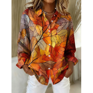 Women Maple Leaf Long Sleeve Shirt Spring/Fall Buckle Shirt Collar Regular Sleeve Daily Casual Top