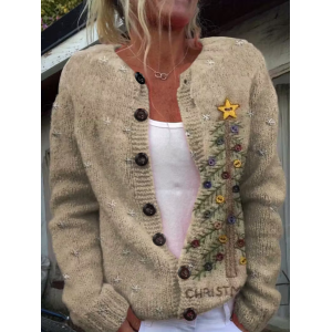 Women Christmas Printing Long Sleeve Crew Neck Vintage Spring/Fall Cardigan Outerwear