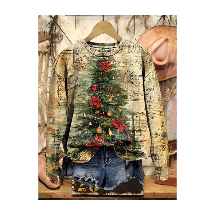 Women Christmas Crew Neck Printing Casual Spring/Fall Long Sleeve Sweatshirt