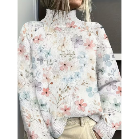 Women Floral Printing Spring/Fall Vintage Long Sleeve Turtleneck Sweater
