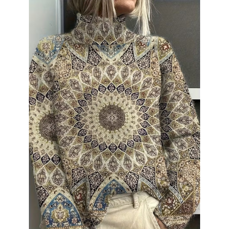 Women Abstract Printing Spring/Fall Vintage Long Sleeve Turtleneck Sweater