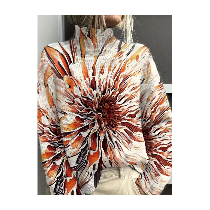 Women Abstract Printing Spring/Fall Vintage Long Sleeve Turtleneck Sweater