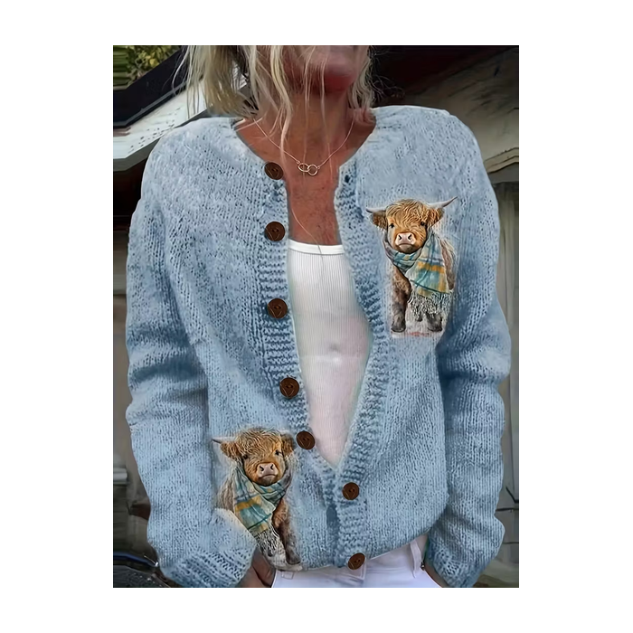 Women Cattle Printing Long Sleeve Crew Neck Vintage Spring/Fall Cardigan Outerwear