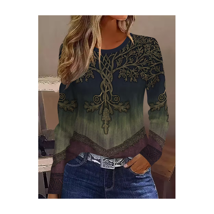 Women Abstract Long Sleeve Tee T-shirt Crew Neck Printing Casual Spring/Fall Graphic Tee Top