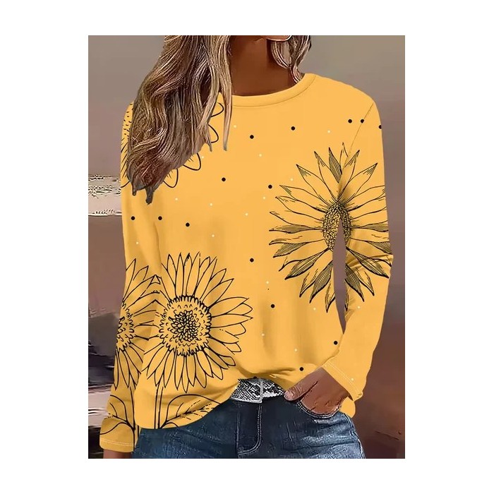 Women Sunflower Long Sleeve Tee T-shirt Crew Neck Printing Casual Spring/Fall Graphic Tee Top