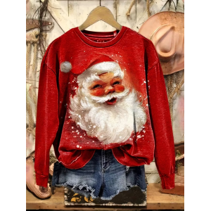Women Santa Claus Crew Neck Printing Casual Spring/Fall Long Sleeve Sweatshirt