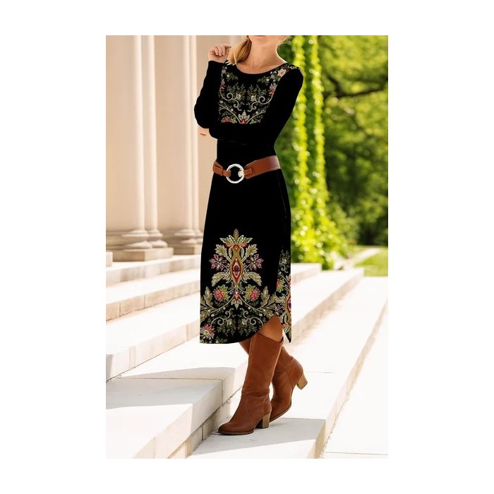 Women Floral Long Sleeve Spring/Fall Dress Crew Neck Daily Casual Midi T-Shirt Dress A-Line Dress