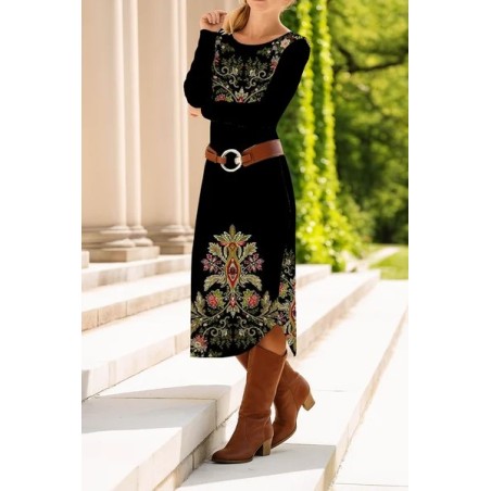 Women Floral Long Sleeve Spring/Fall Dress Crew Neck Daily Casual Midi T-Shirt Dress A-Line Dress