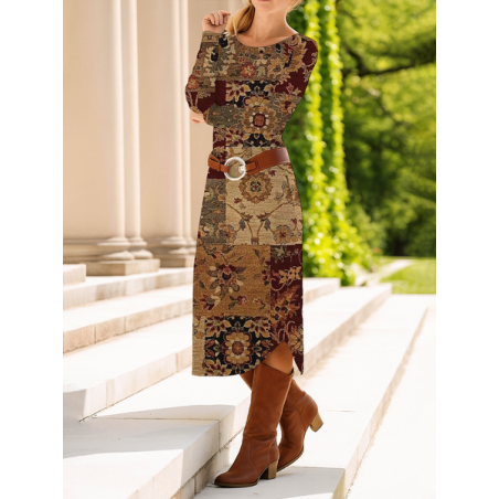 Women Floral Long Sleeve Spring/Fall Dress Crew Neck Daily Casual Midi T-Shirt Dress A-Line Dress