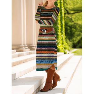 Women Striped Long Sleeve Spring/Fall Dress Crew Neck Daily Casual Midi T-Shirt Dress A-Line Dress