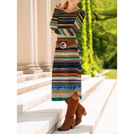 Women Striped Long Sleeve Spring/Fall Dress Crew Neck Daily Casual Midi T-Shirt Dress A-Line Dress