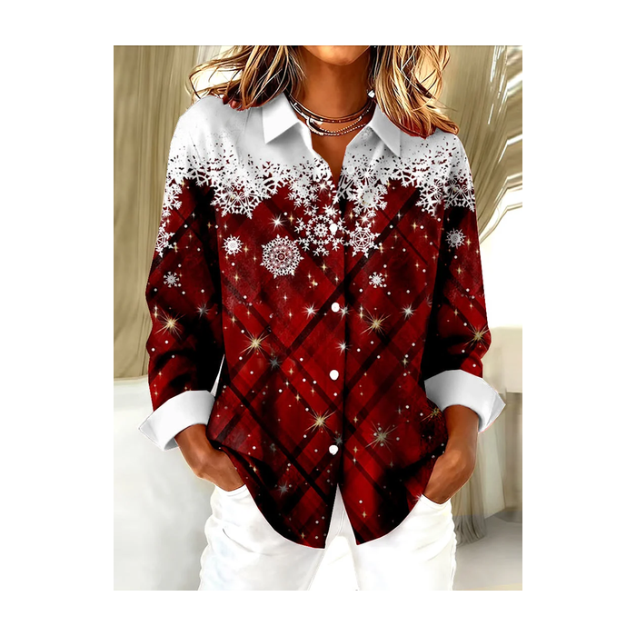 Women Christmas Long Sleeve Shirt Spring/Fall Buckle Shirt Collar Regular Sleeve Daily Casual Top