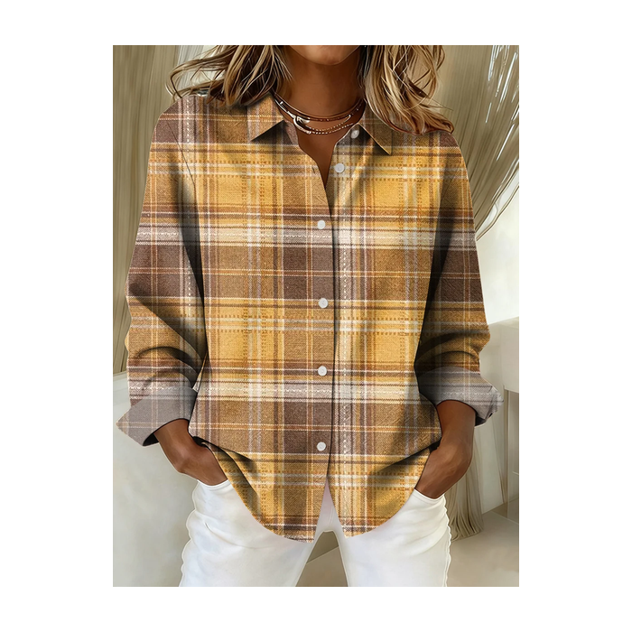 Women Plaid Long Sleeve Shirt Spring/Fall Buckle Shirt Collar Regular Sleeve Daily Casual Top
