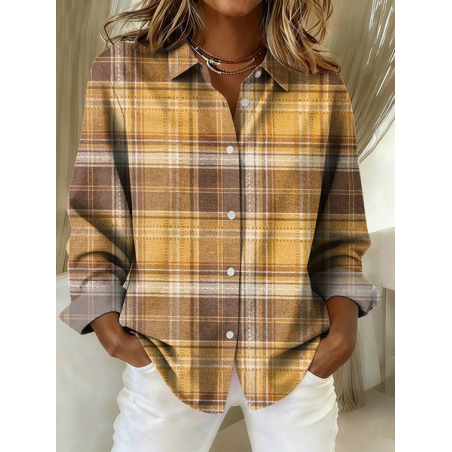 Women Plaid Long Sleeve Shirt Spring/Fall Buckle Shirt Collar Regular Sleeve Daily Casual Top