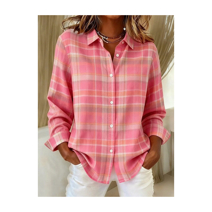 Women Plaid Long Sleeve Shirt Spring/Fall Buckle Shirt Collar Regular Sleeve Daily Casual Top